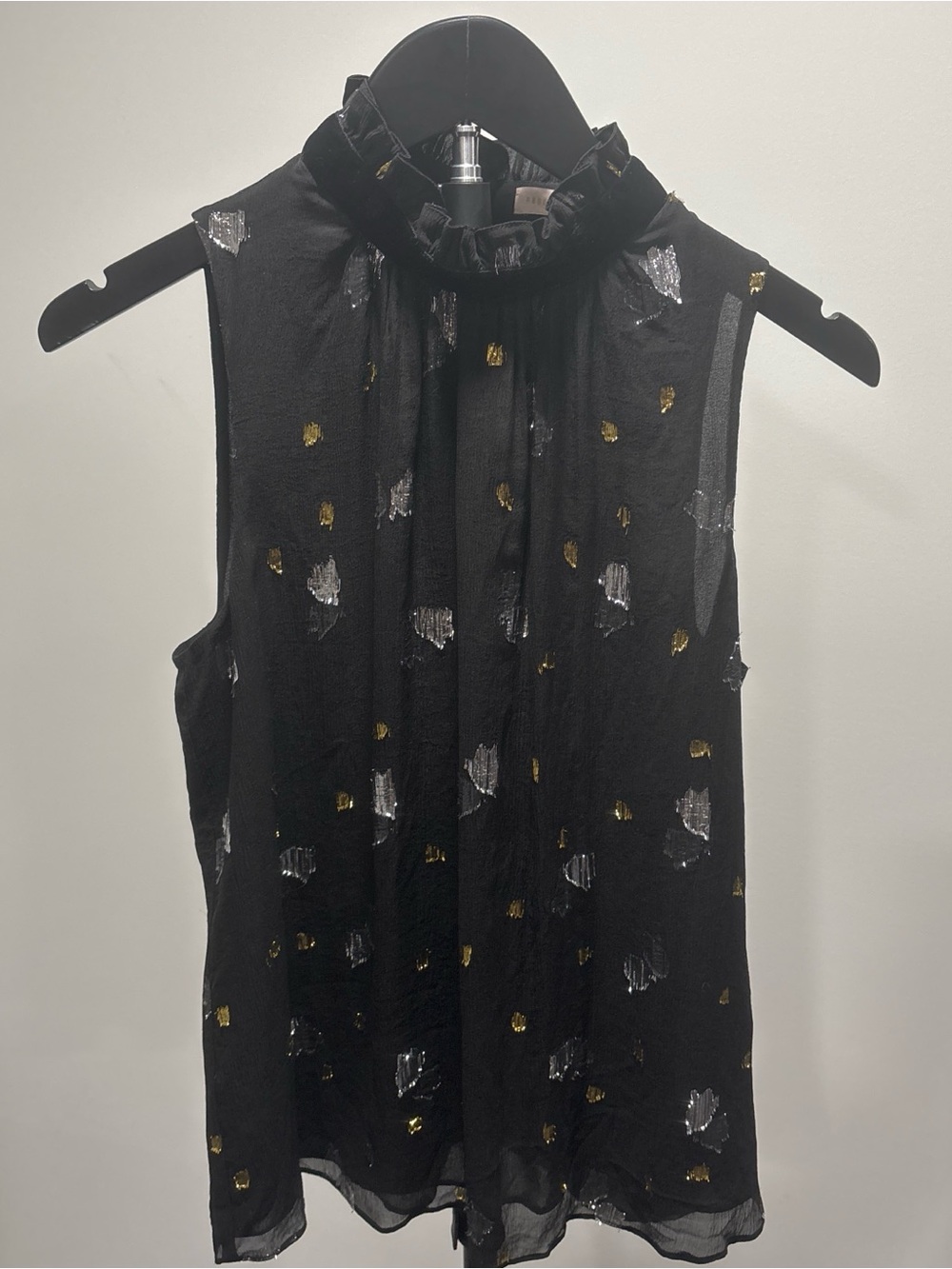 Rebecca Taylor Black Sleeveless Metallic Dot velvet Ruffle-Neck Camisole